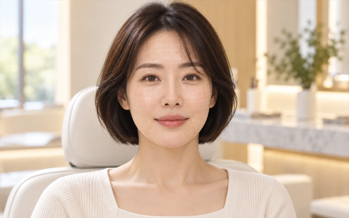 얼굴 전체를 부위별로 나눠 옅은 점으로 표시한 얼굴
