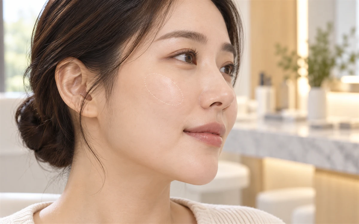 볼 한 부위만 옅은 점선으로 표시한 옆모습