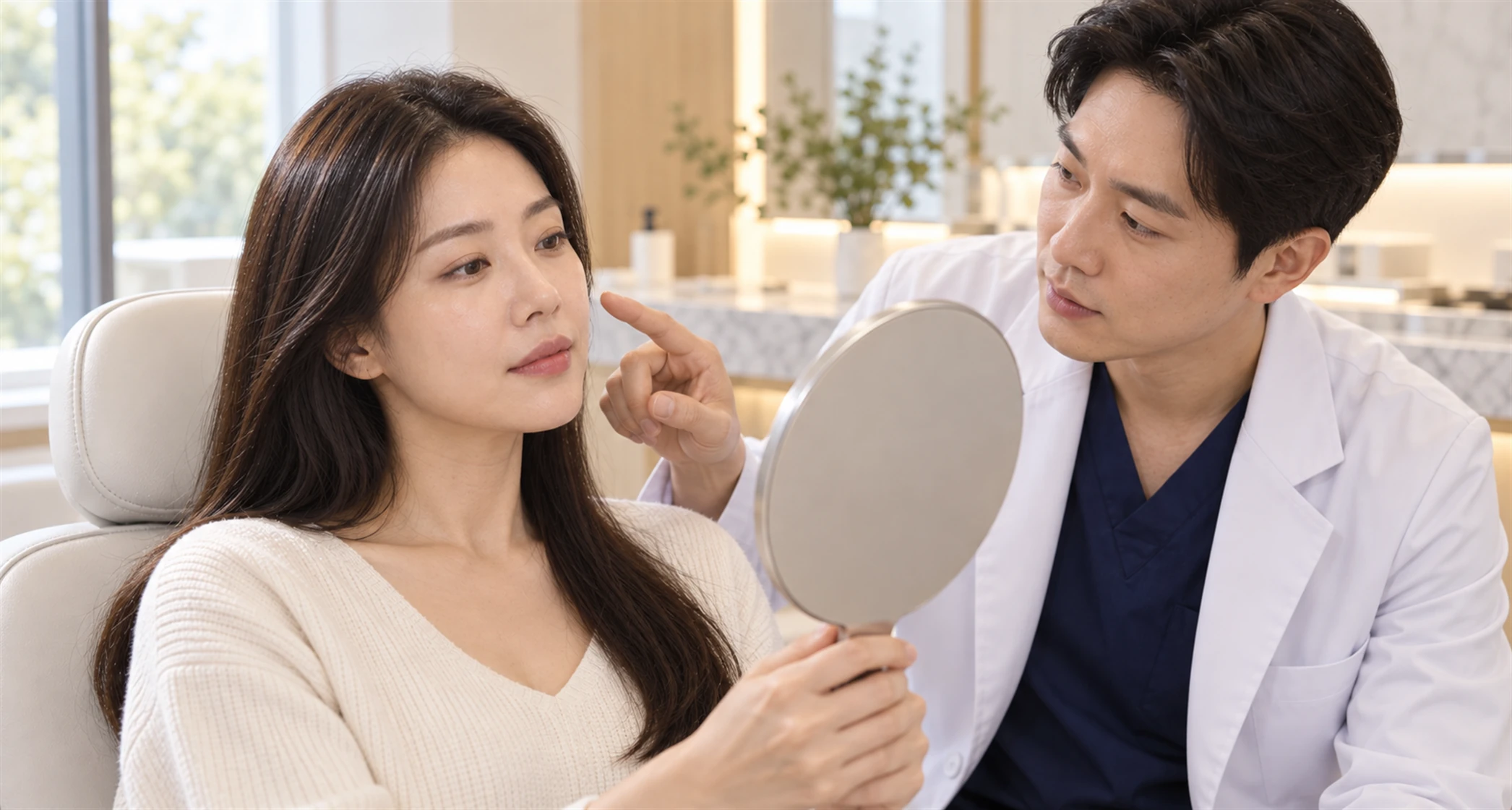 환자가 거울을 들고 의료진과 고민 부위를 이야기하는 장면