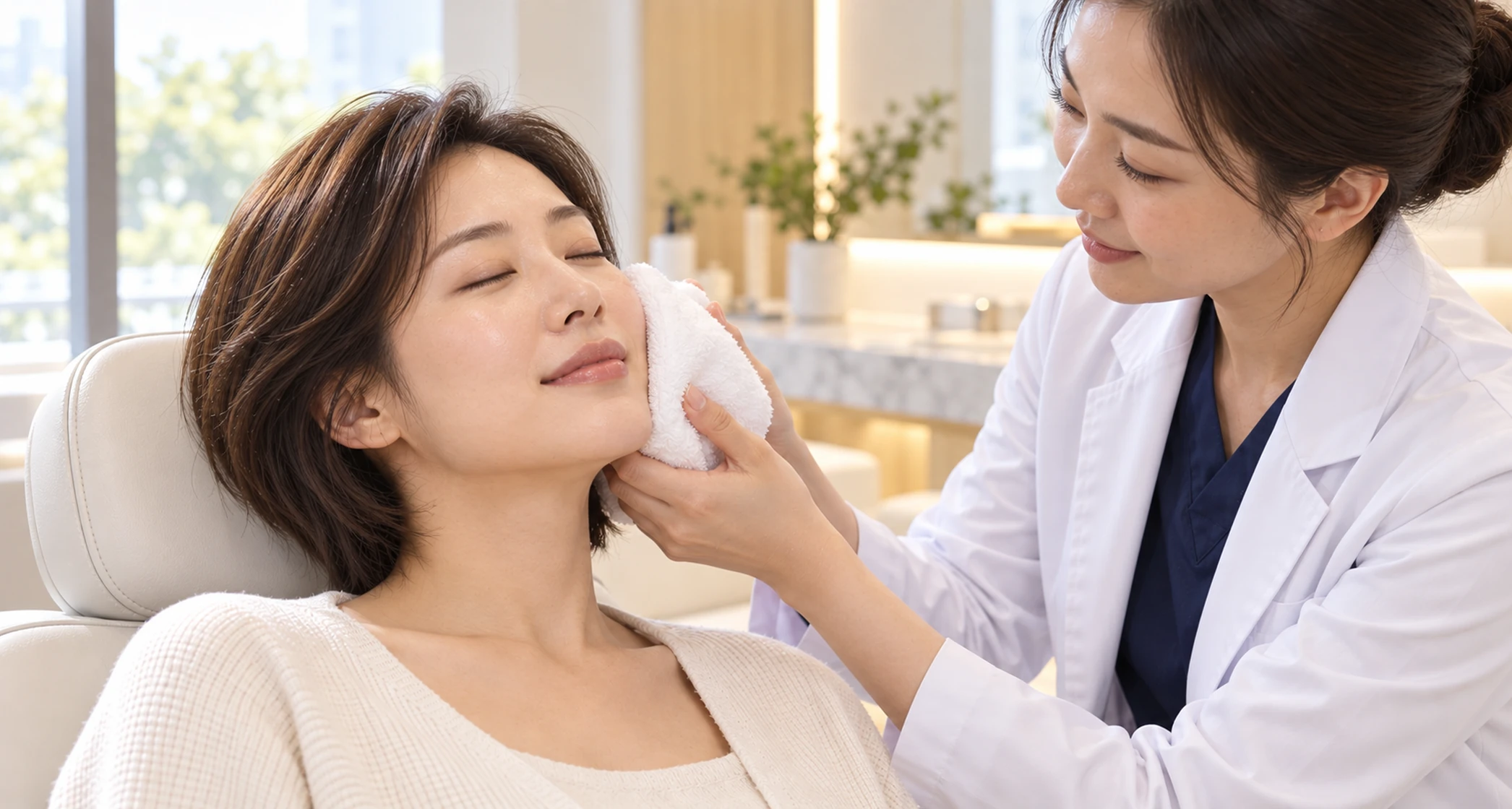 경과 확인 때 수건으로 감싼 냉찜질 팩을 볼에 대 주는 장면