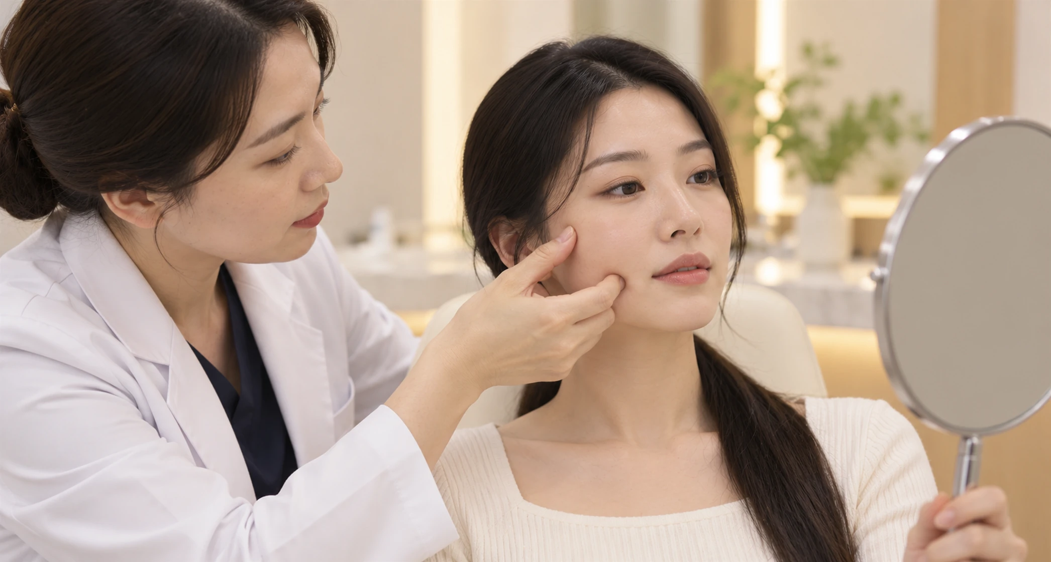 의료진이 처짐의 원인(탄력·지지 조직·볼륨)을 살펴보는 상담 장면 — 설명용 AI 이미지