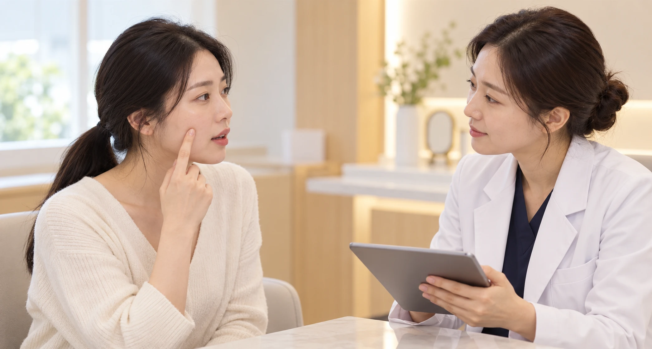 탄력·결·안색 중 우선순위를 듣고 설정을 정하는 장면 — 설명용 AI 이미지