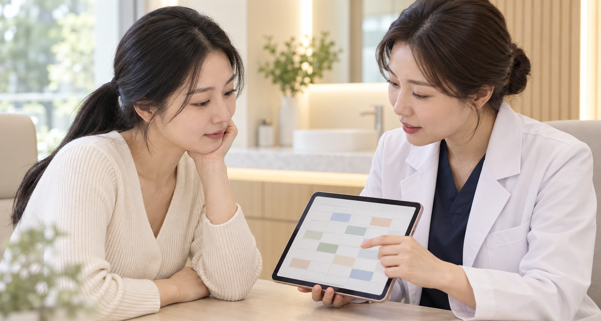 앞선 시술 일정과 다음 회차를 달력으로 함께 정리하는 장면 — 설명용 AI 이미지