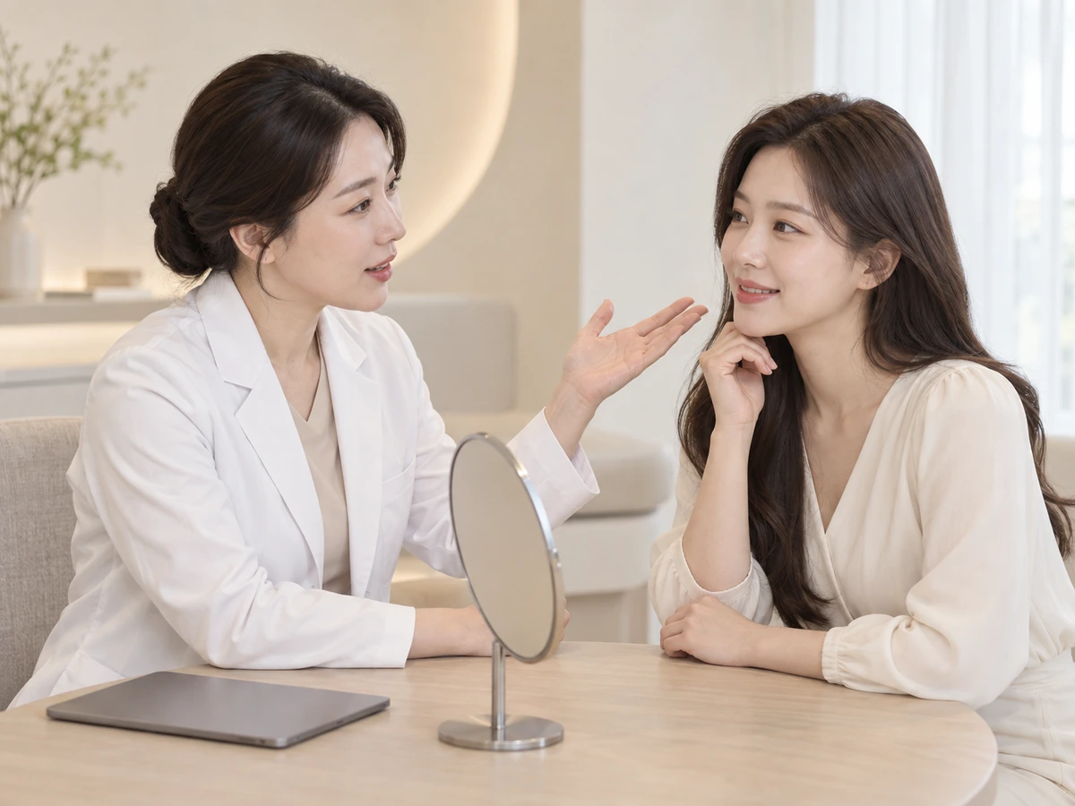시술 전 피부 상태를 확인하는 상담 장면