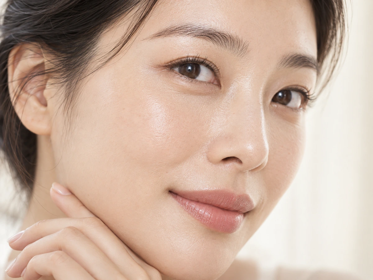 턱에 손을 대고 얼굴 한 부위를 보여 주는 클로즈업