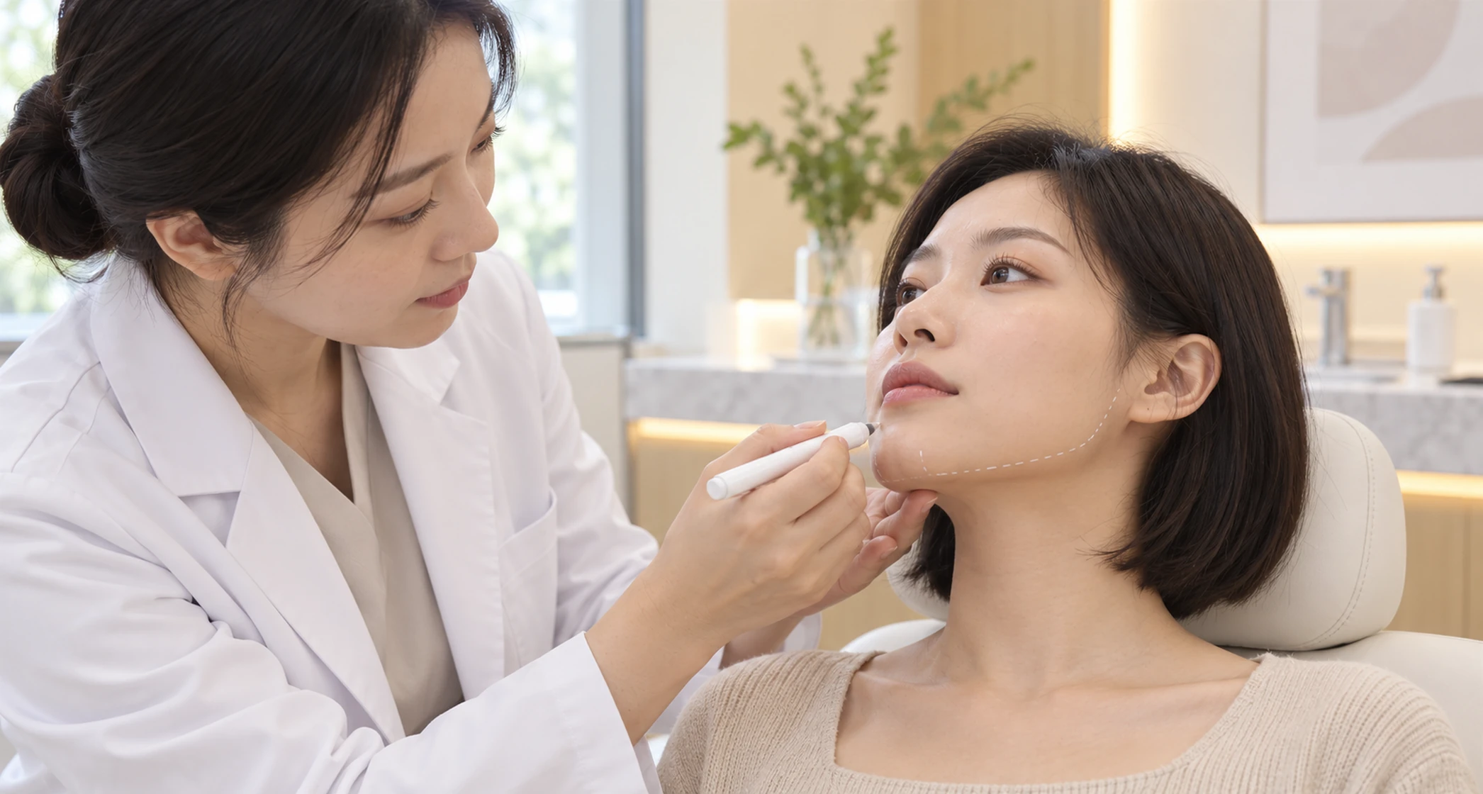시술 전 얼굴에 조사할 부위와 뺄 부위를 나누는 장면 — 설명용 AI 이미지