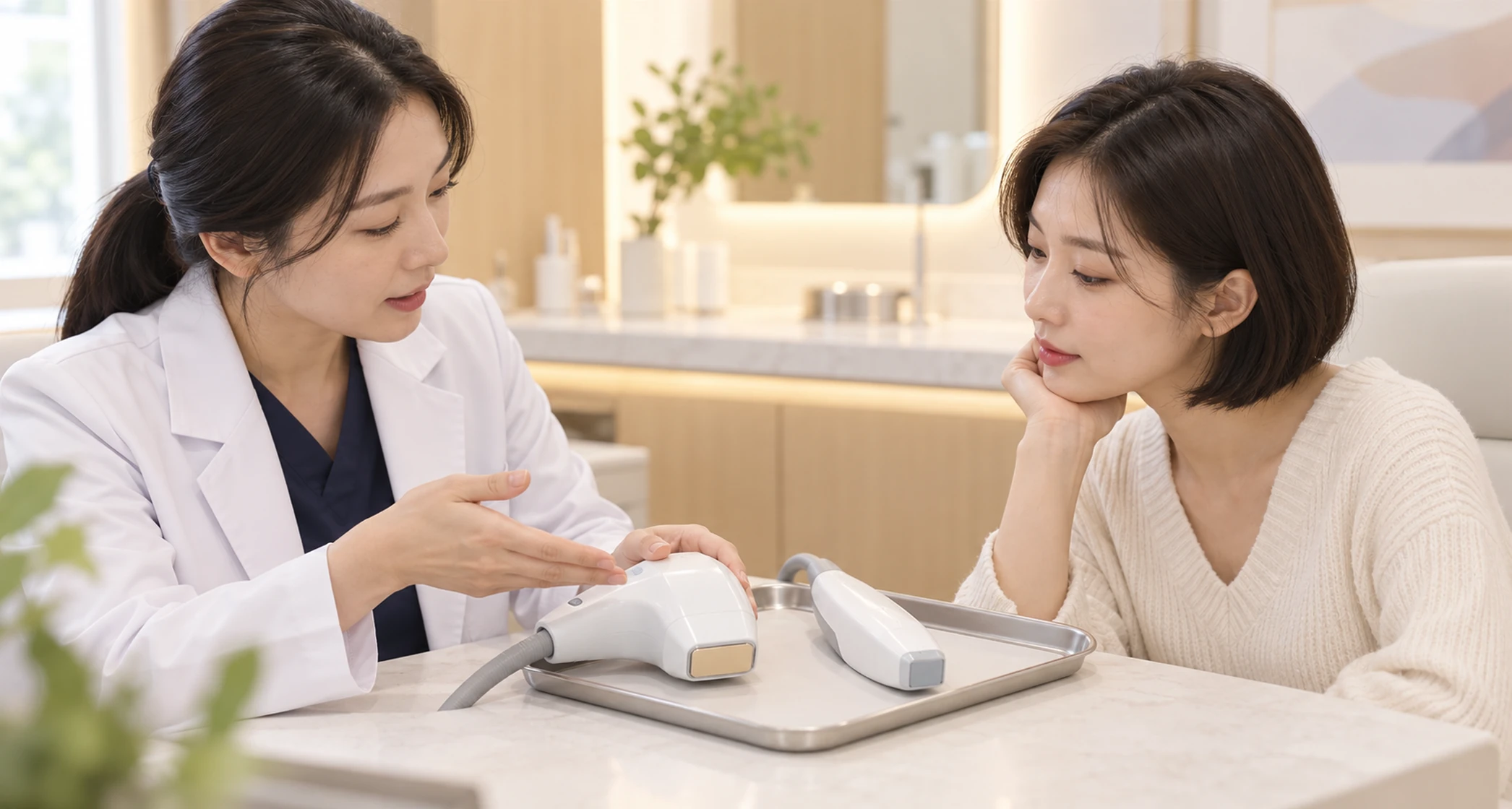 진행할 핸드피스 구성을 차트에 기록하며 설명하는 장면 — 설명용 AI 이미지