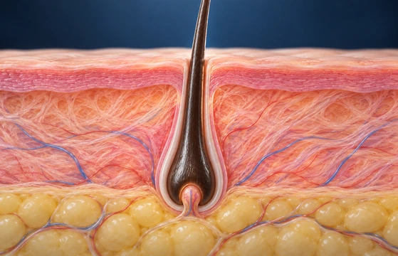 성장기 — 모낭 아래쪽 모구에 털이 단단히 붙어 자라는 단면 모식도
