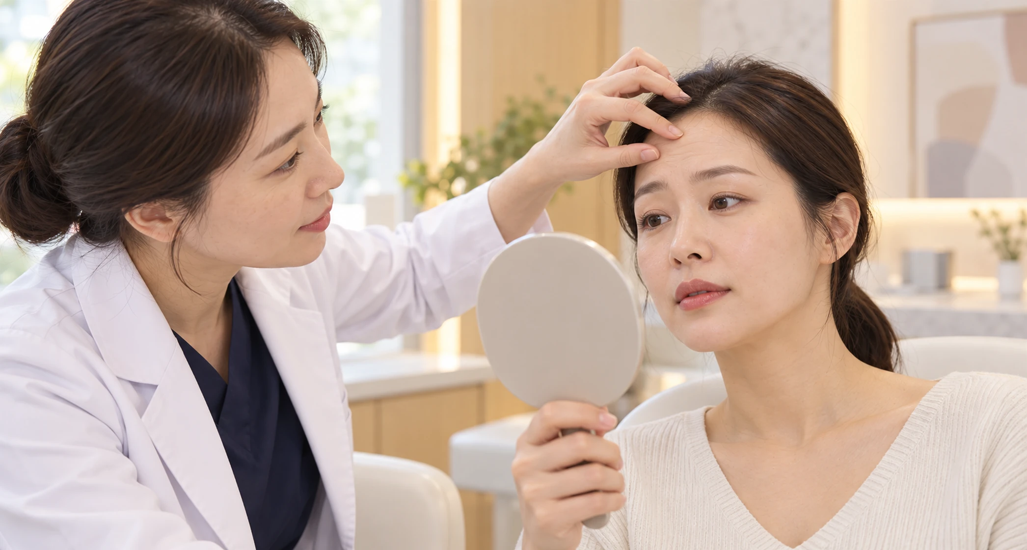 처짐이 시작 단계인지 살펴보는 상담 장면 — 설명용 AI 이미지
