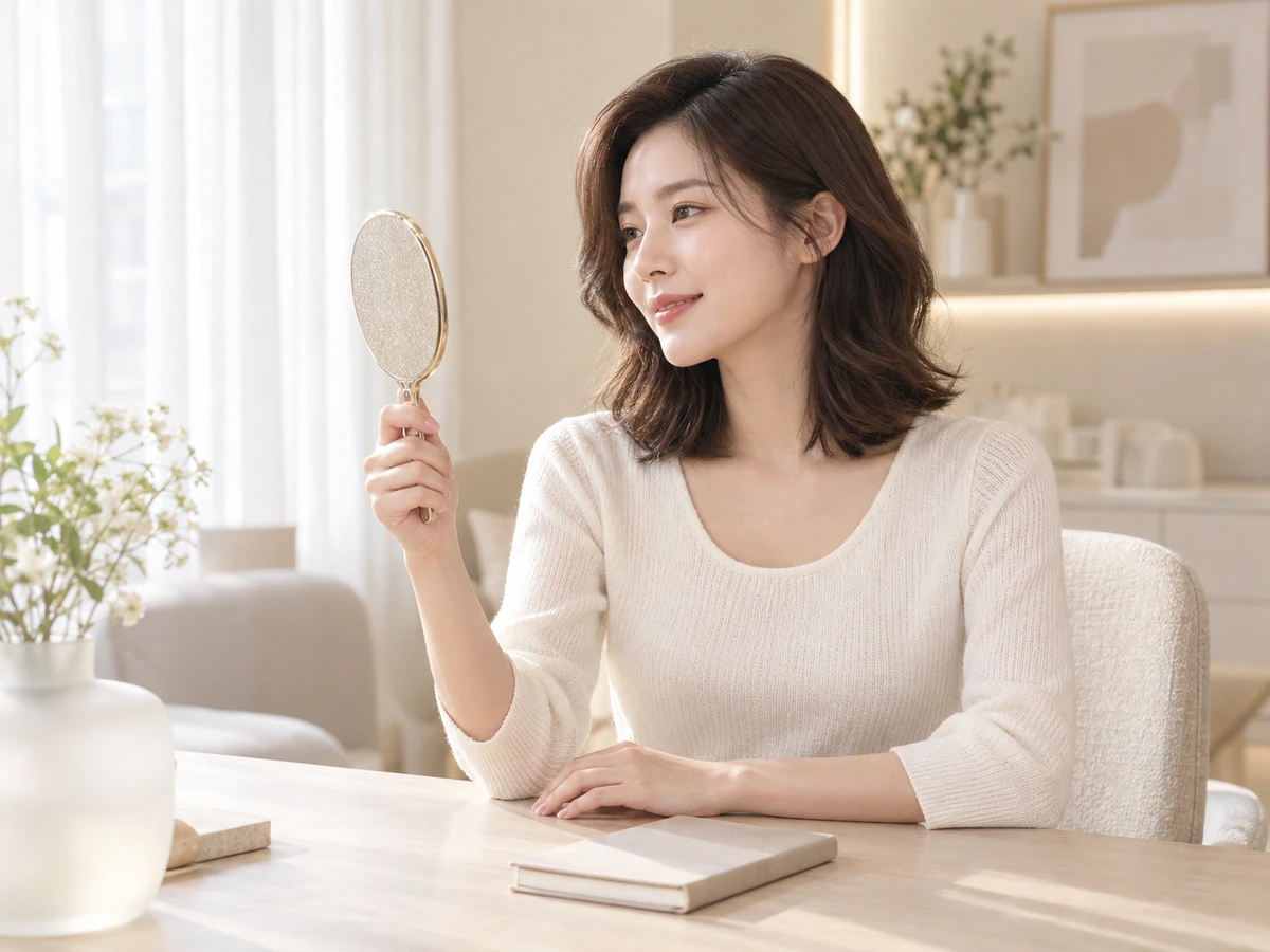 거울로 얼굴을 살펴보는 모습