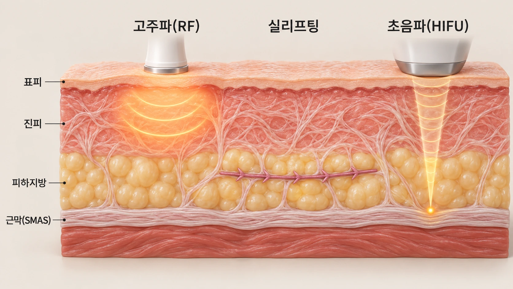 피부 단면 비교도. 고주파(RF)는 진피층에서 열이 퍼지고, 실리프팅은 피하지방층에 실을 삽입해 조직을 지지하며, 초음파(HIFU)는 근막층(SMAS)까지 집속됩니다.