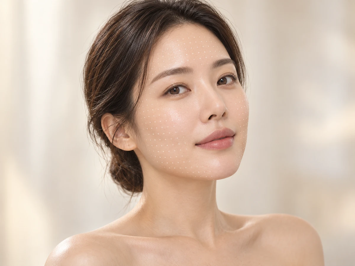 이마·볼·턱에 걸친 얼굴 전반 시술 범위를 옅은 점으로 표시한 얼굴