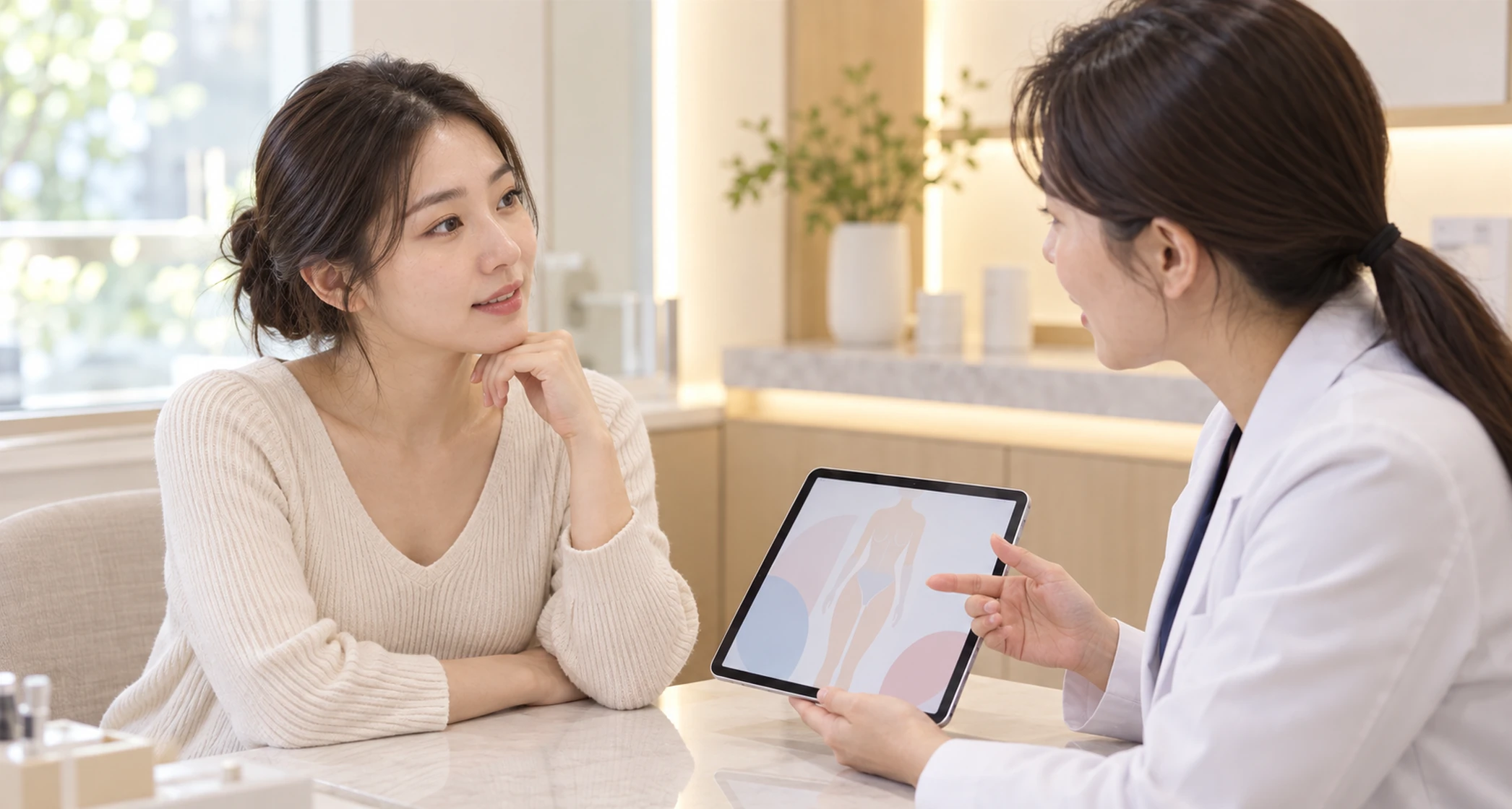 바디 시술의 목적을 묻고 계획을 세우는 상담 장면(노출 최소) — 설명용 AI 이미지