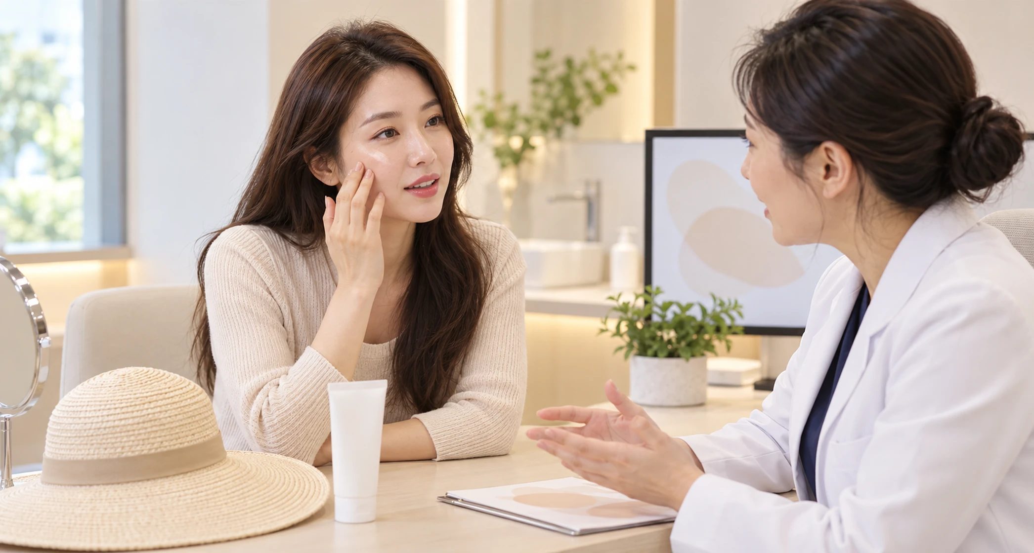 시술 전 최근 자외선 노출과 복용 약을 확인하는 상담 장면 — 설명용 AI 이미지