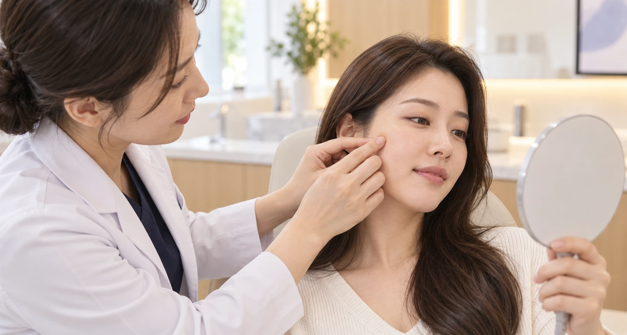 처짐 단계를 확인하며 설명하는 상담 장면 — 설명용 AI 이미지
