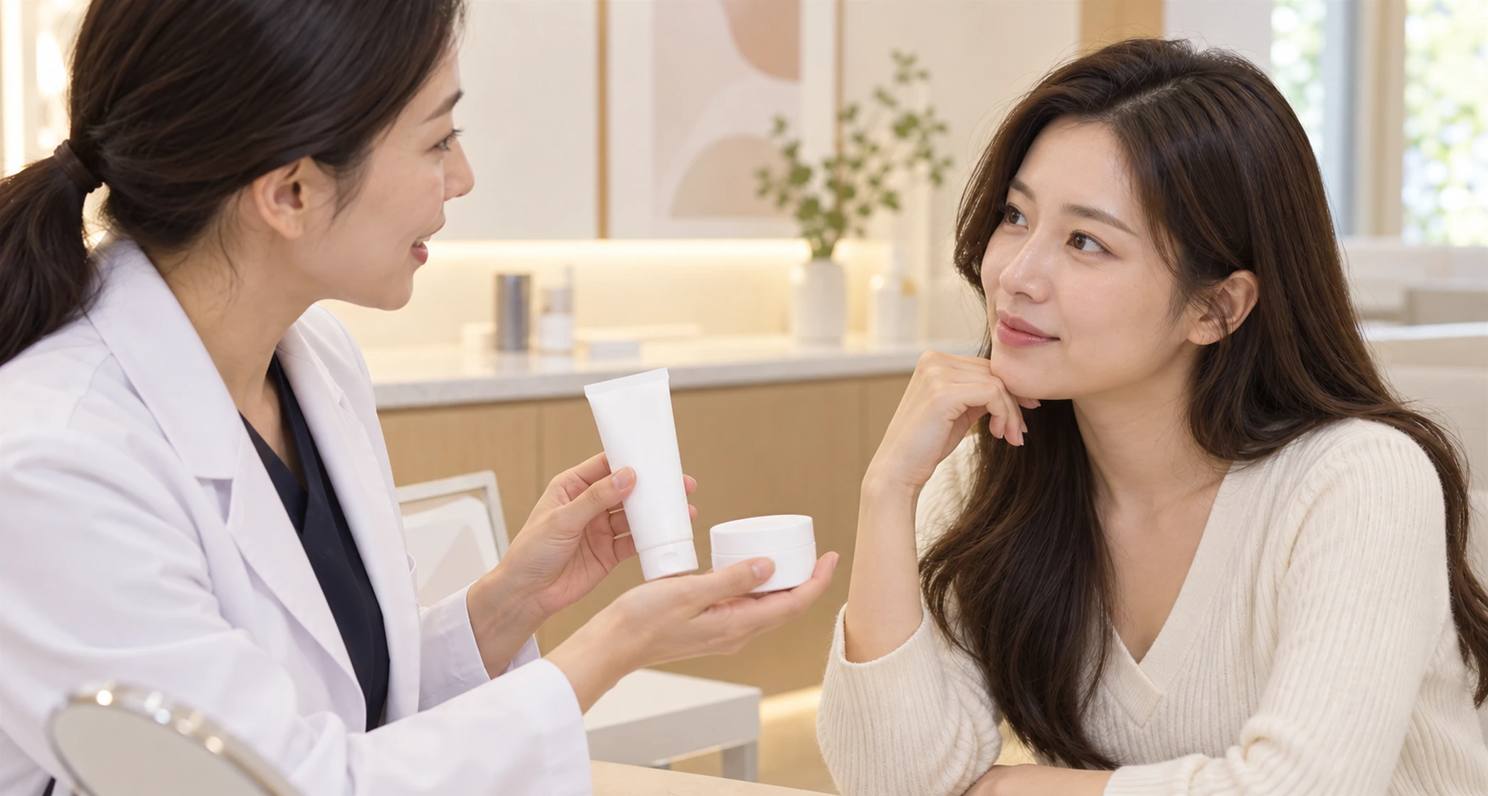 시술 후 자외선 차단과 보습을 안내하는 장면 — 설명용 AI 이미지