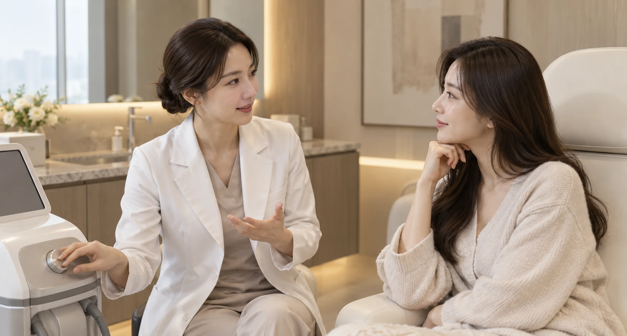 의료진이 피부 상태와 냉각 설정을 함께 확인하는 설명용 AI 장면