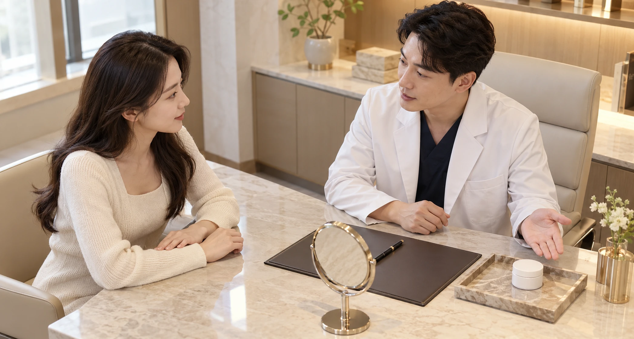 시술 전 도포 마취 여부를 상담하는 설명용 AI 장면